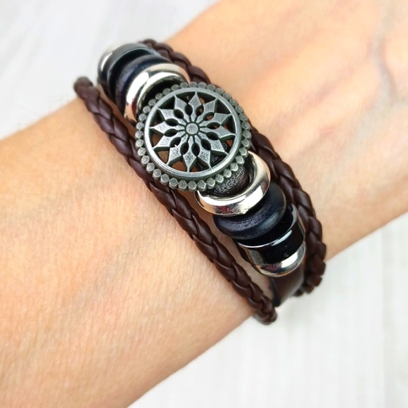 ♥️Bundle Only Black&Brown Braided Leather Silver Bead & Gun Metal Gray Bracelet - Picture 7 of 10